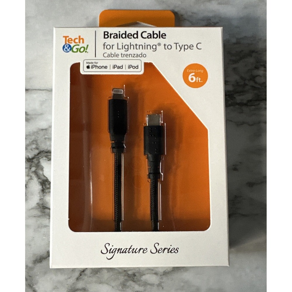 Tech & Go 6ft USB Braided Charge Cable for iPhone iPad L to Type C - NEW - Black